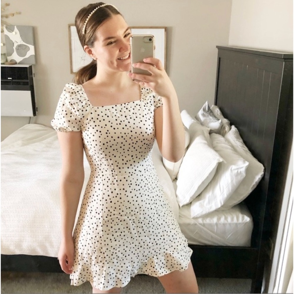 LOFT White Black Polka Dot Square Neck Puff Sleeve Mini Dress Tie Front - size 8